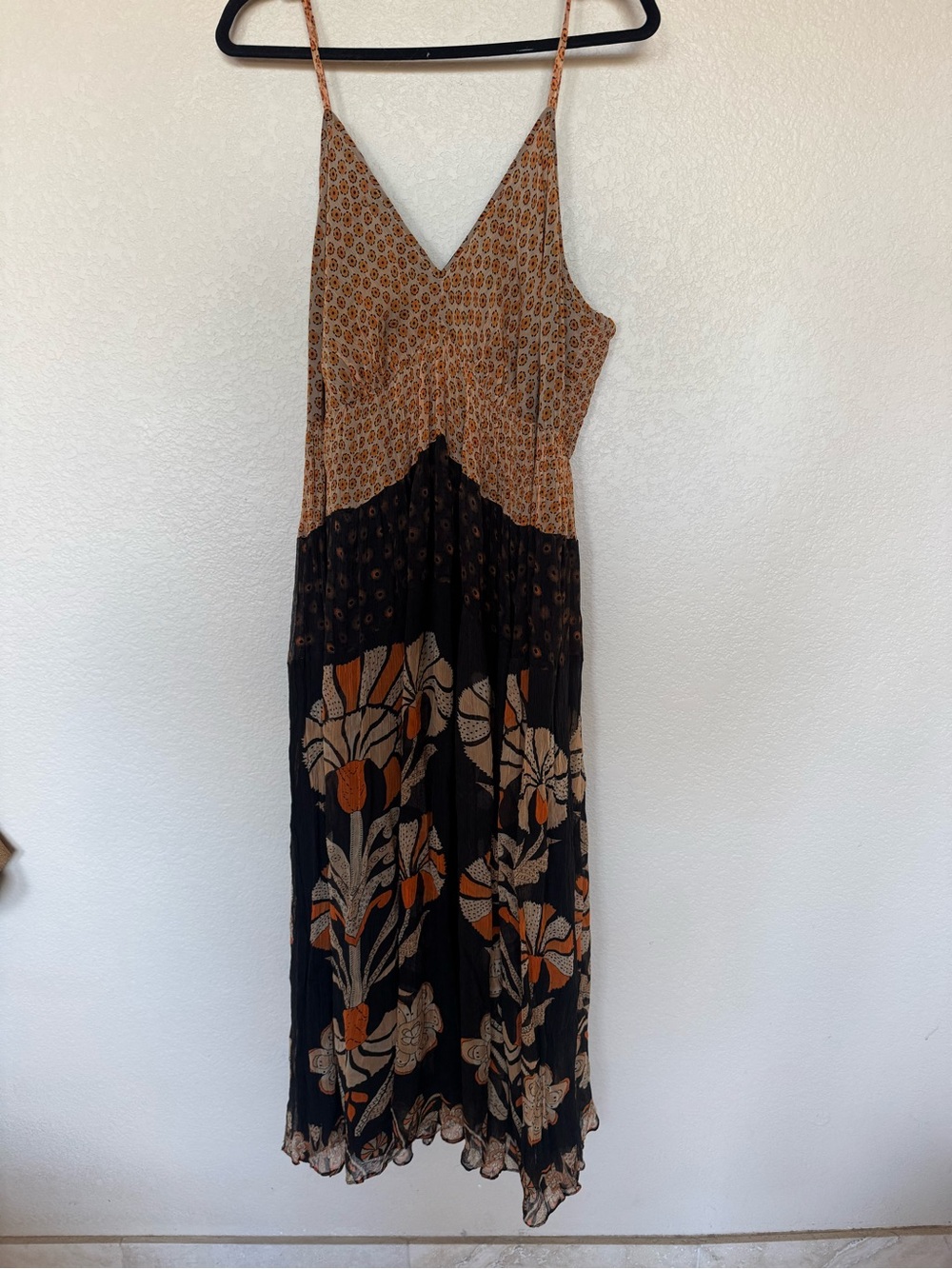 Bohemian Floral Spaghetti-Strap Maxi Dress in Black and Tan